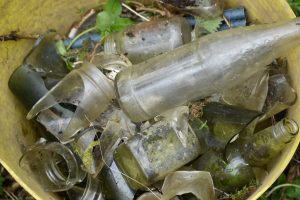A bucket full of vintage glass bottles that have been collected from the woodlands